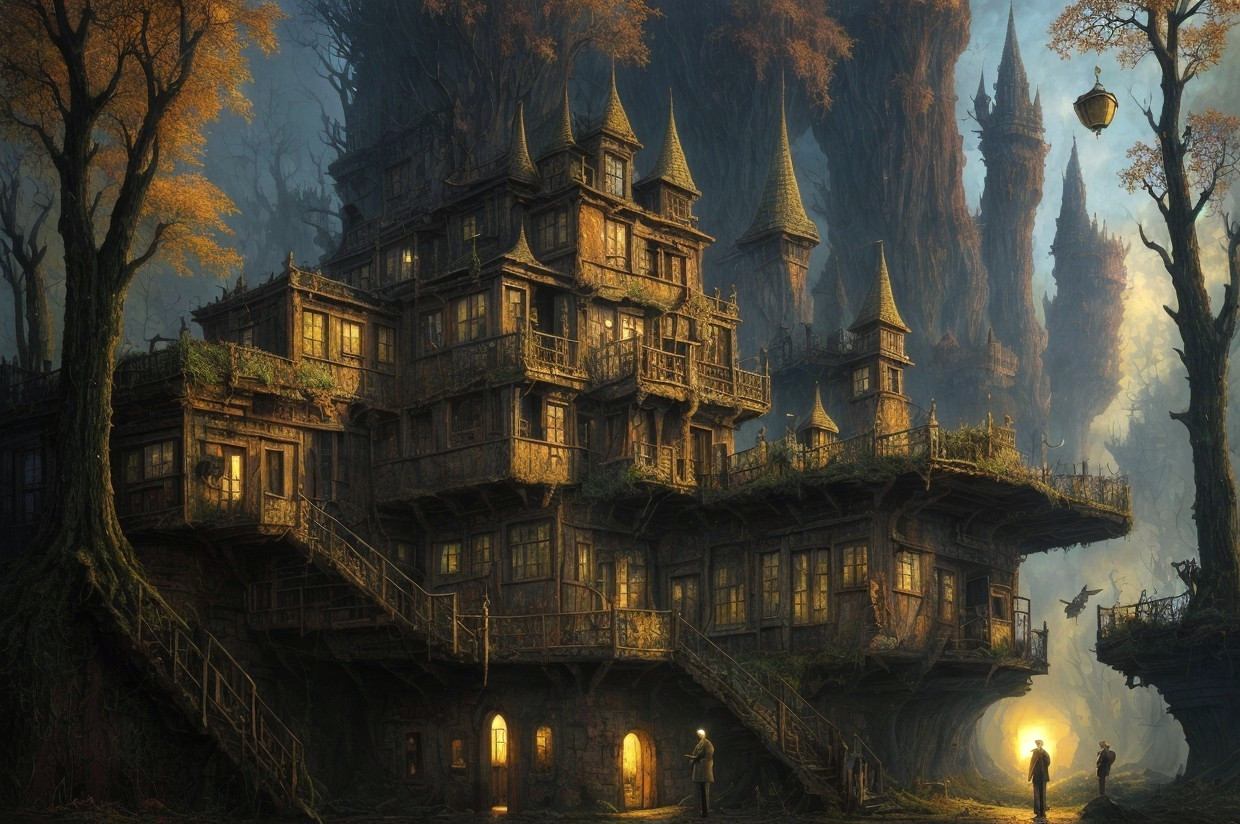 Intricate Wooden Treehouse in Enchanted Forest with Lantern-lit Bridge