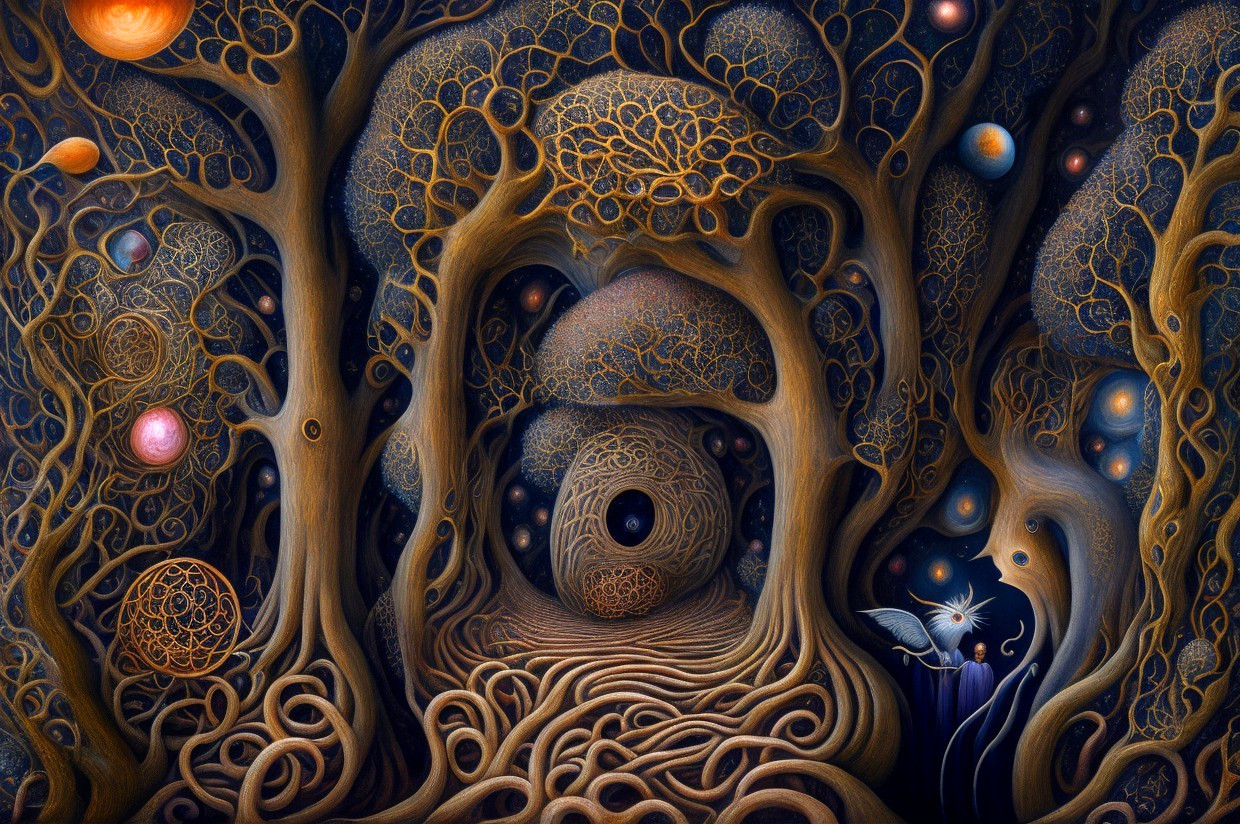 Surreal fantasy painting with tree-like structures and cloaked figure holding a star