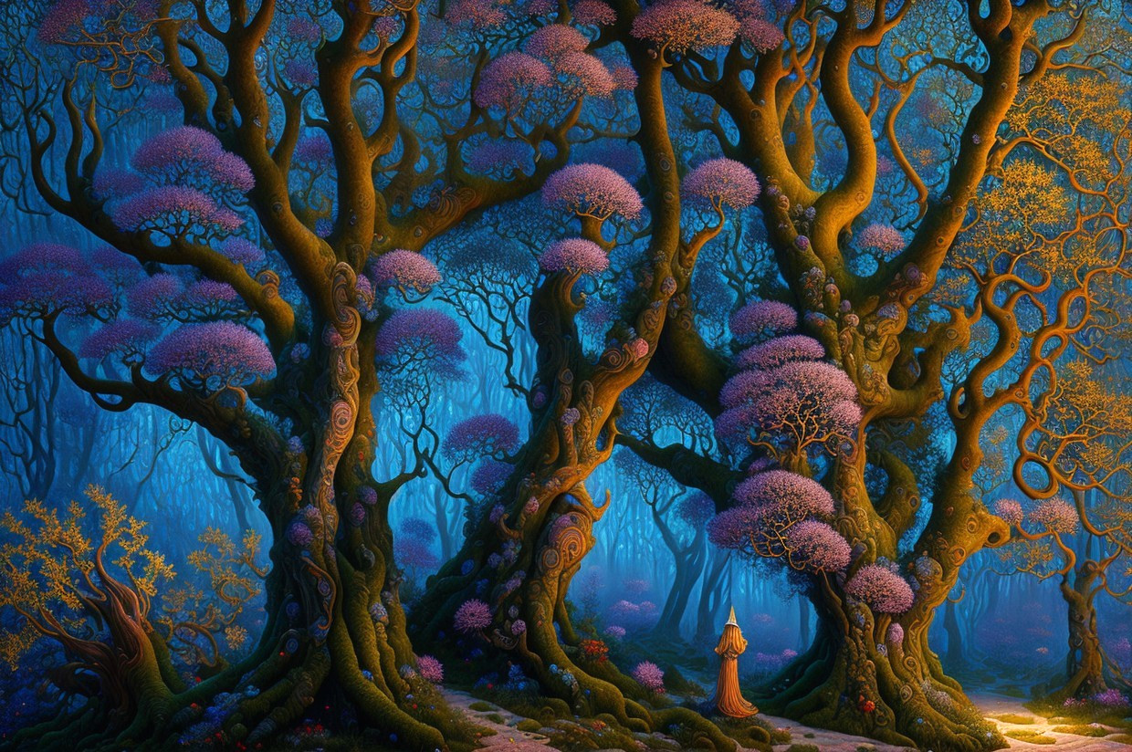 Vibrant blue and purple forest scene with orange character under twisted glowing trees