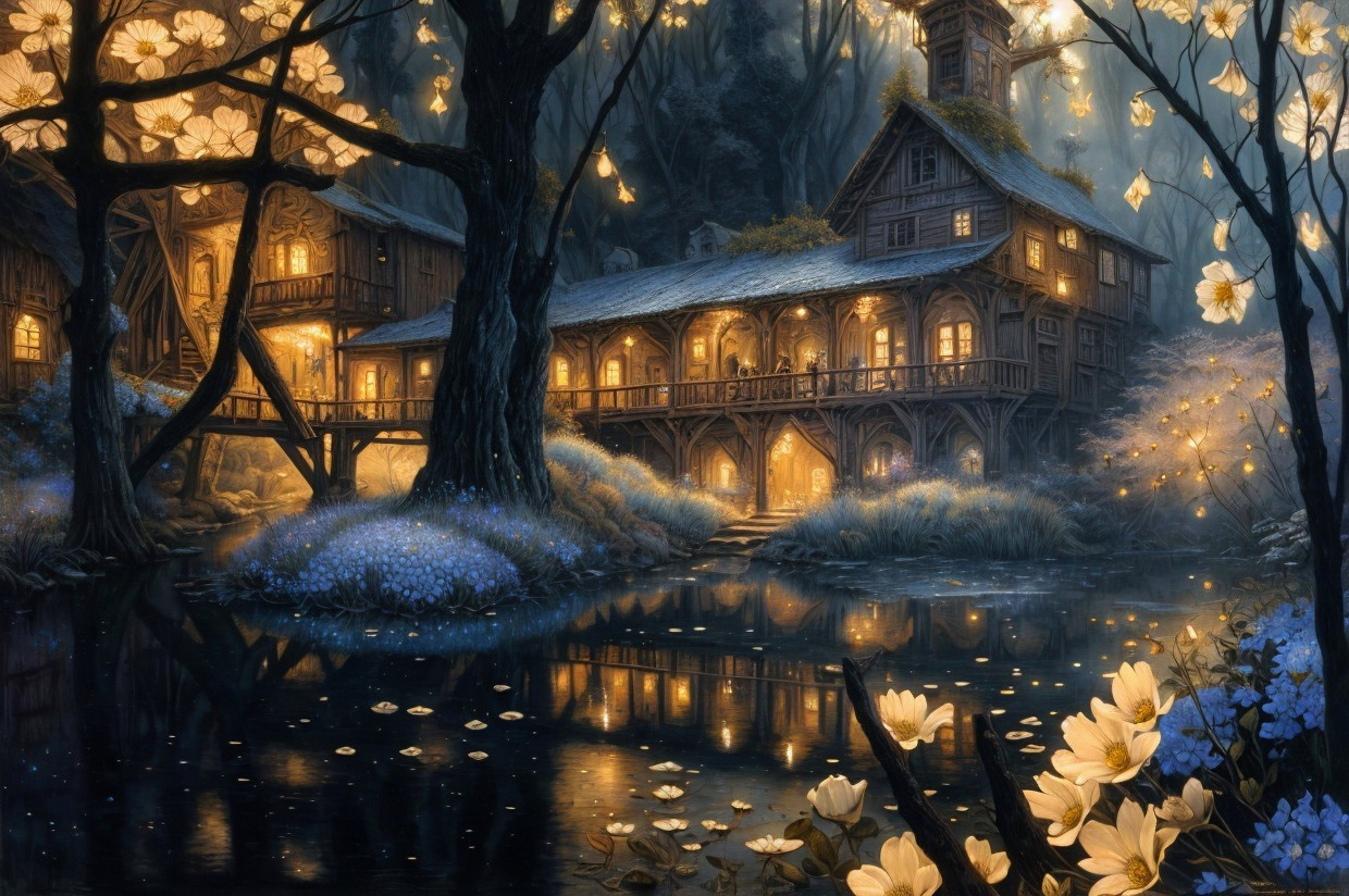 Fantasy illustration of wooden house by tranquil pond