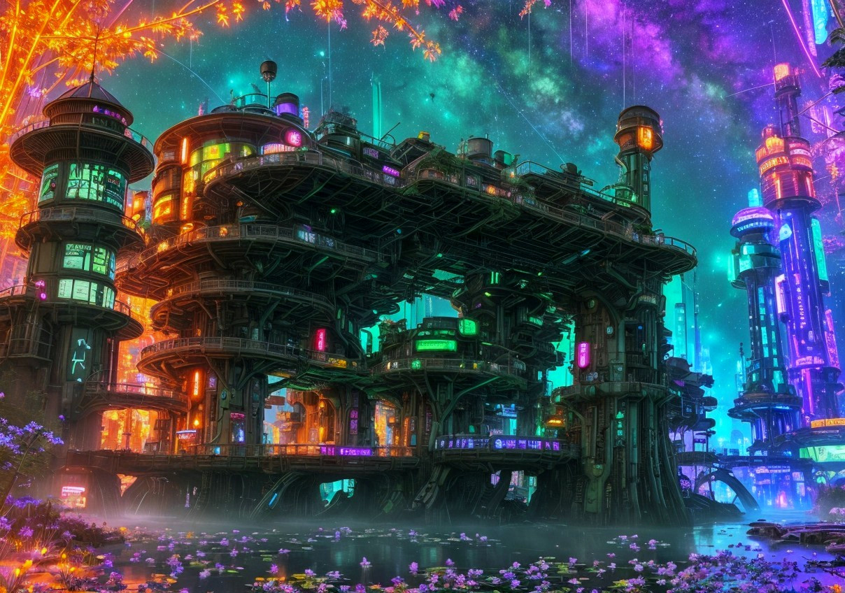 Futuristic cityscape at night: neon lights, towering structures, starry sky, reflected in