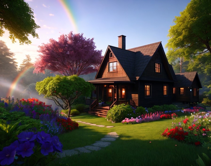 Charming cottage surrounded by gardens, blooming flowers, rainbow, and serene sunset.