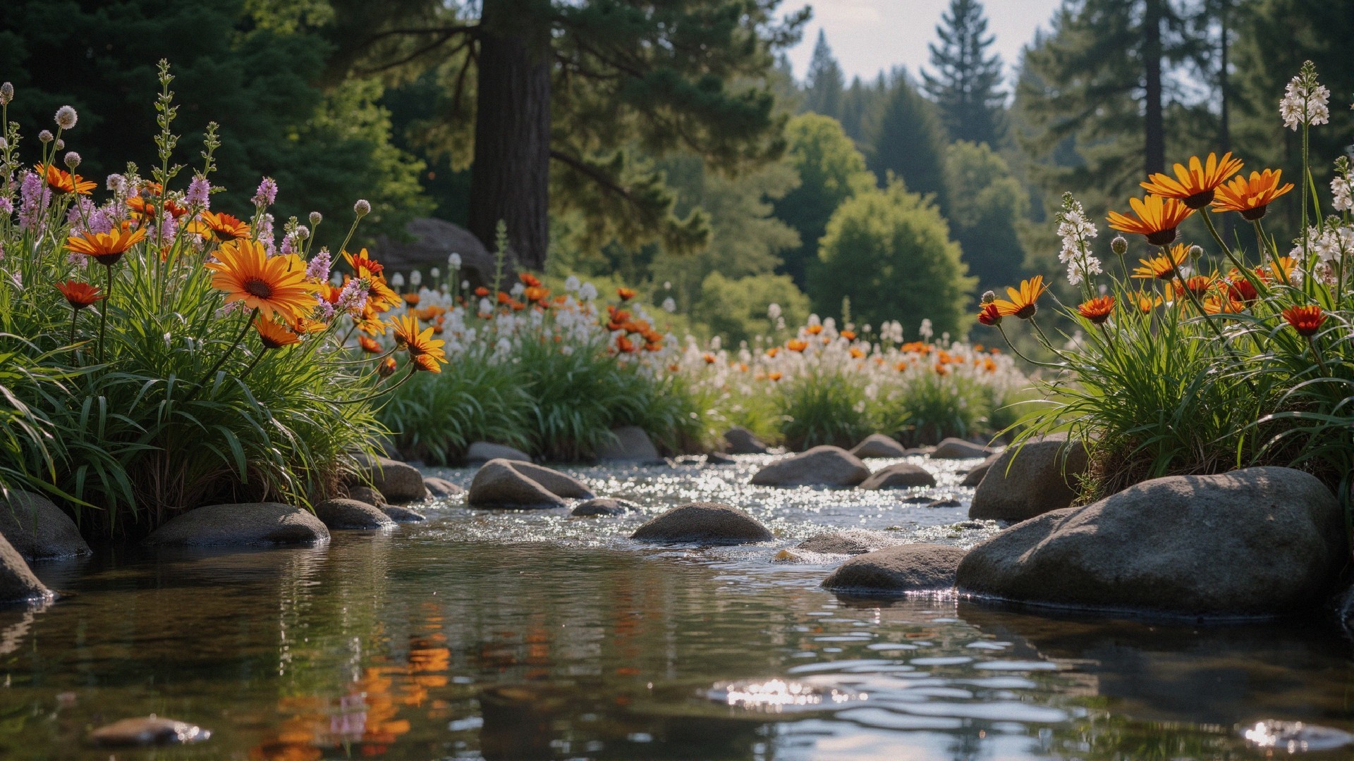 Serene River Scene with Vibrant Flowers and Foliage