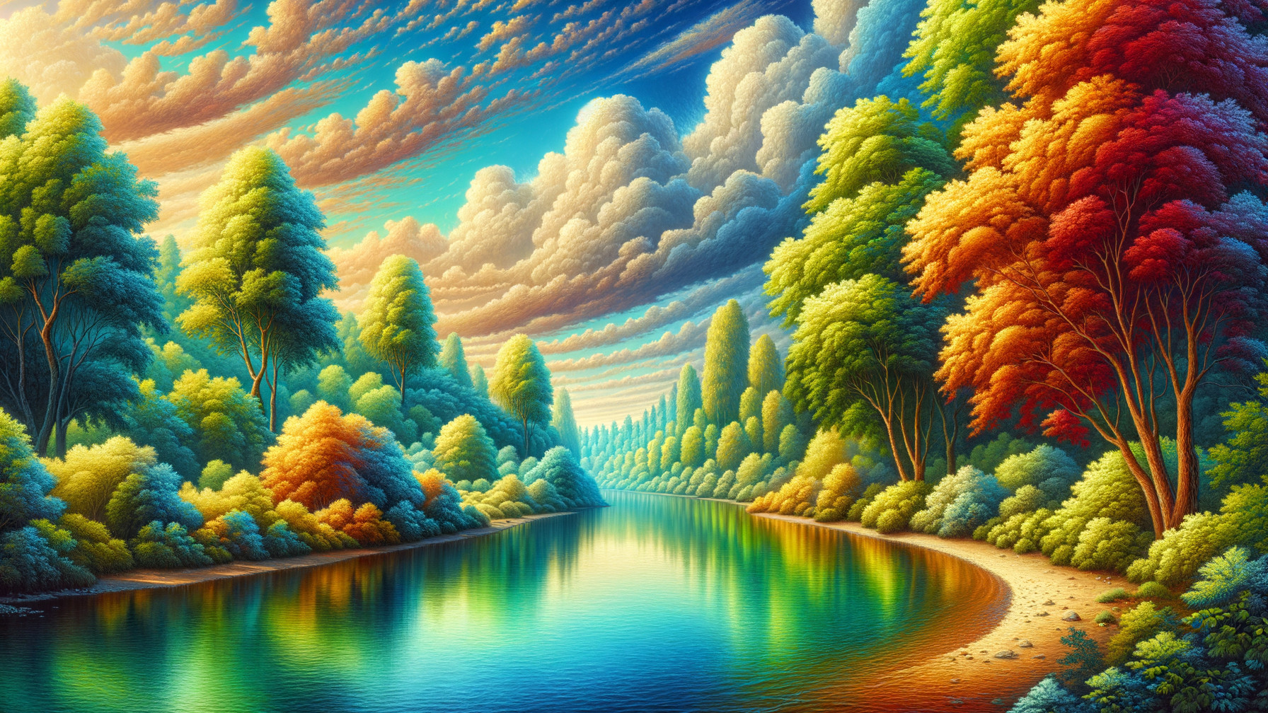 Vibrant Landscape with River and Colorful Trees