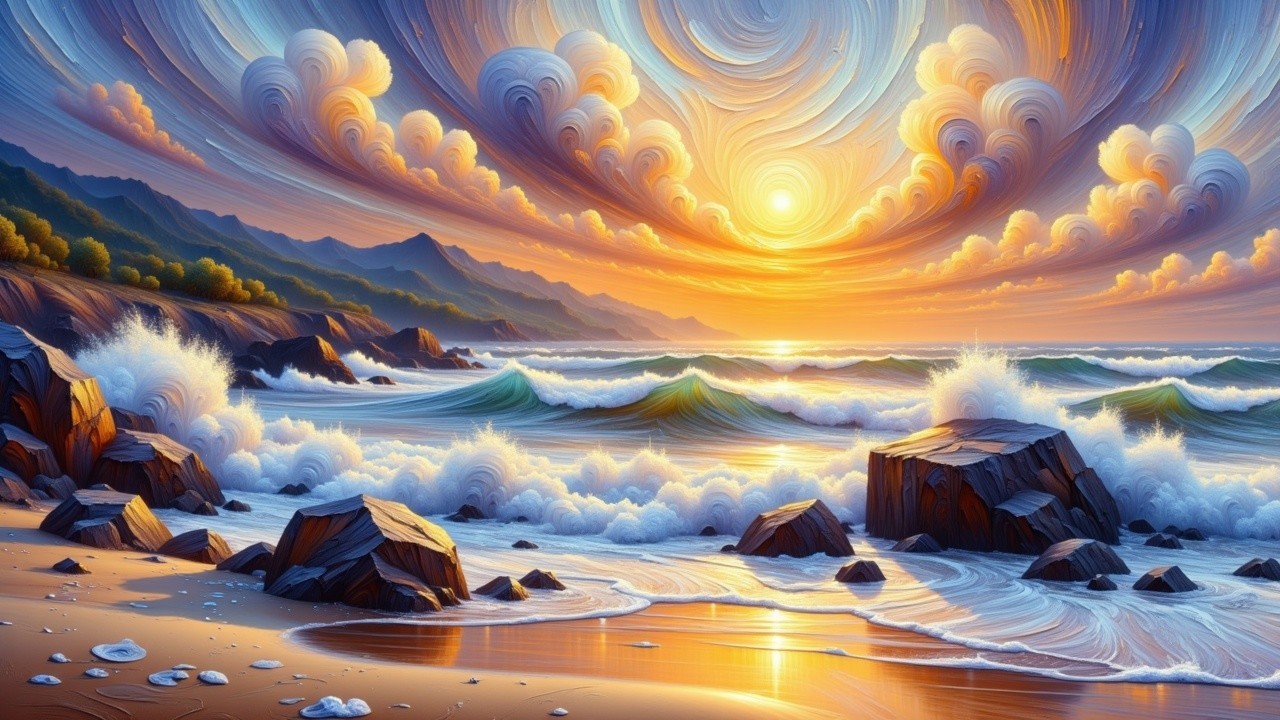 Vibrant Sunset Over Serene Beach and Rocky Coastline