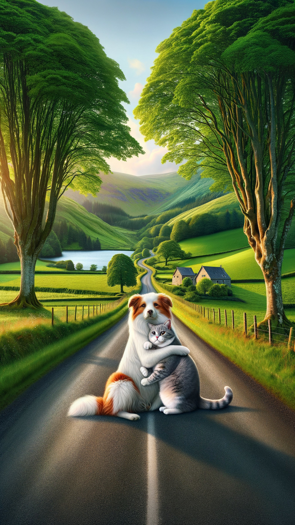 Charming Scene of Dog and Cat in Serene Landscape