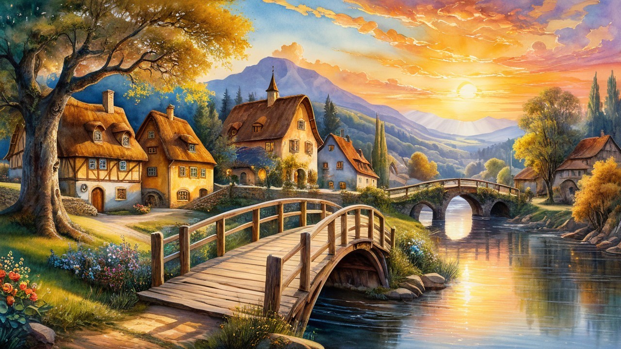 Charming Cottages by River at Sunset Landscape