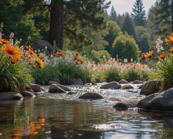 Serene River Scene with Vibrant Flowers and Foliage