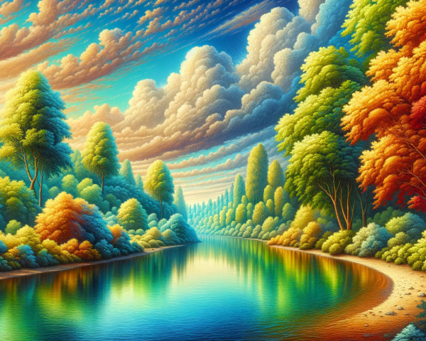 Vibrant Landscape with River and Colorful Trees