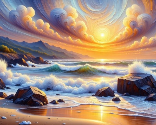 Vibrant Sunset Over Serene Beach and Rocky Coastline