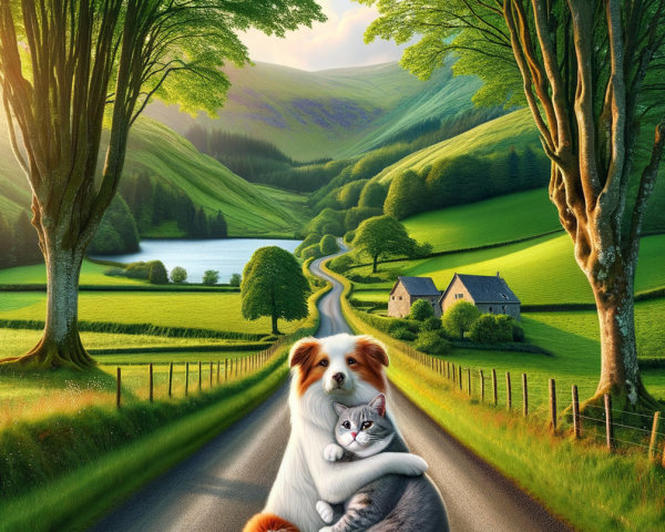 Charming Scene of Dog and Cat in Serene Landscape
