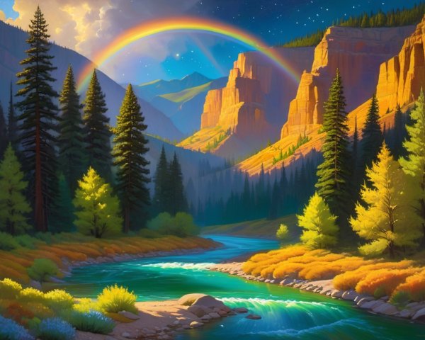 Vibrant Rainbow Over Serene Valley and Cliffs