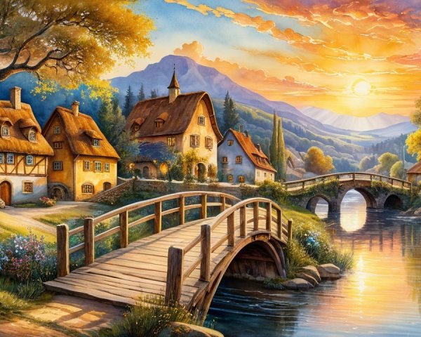 Charming Cottages by River at Sunset Landscape
