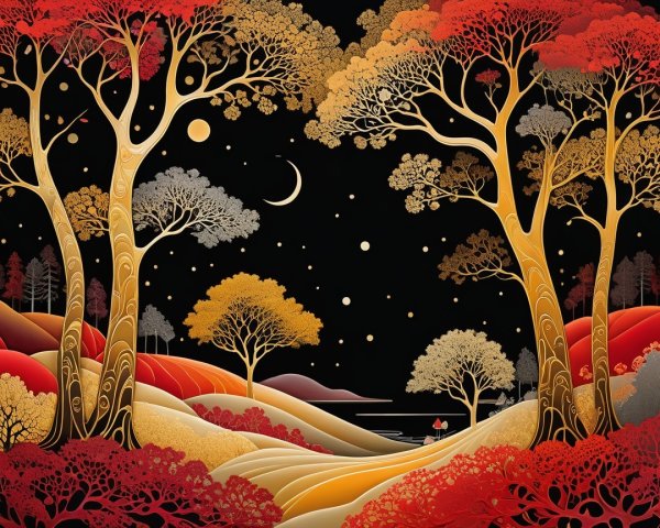 Vibrant Landscape with Stylized Trees and Waterway