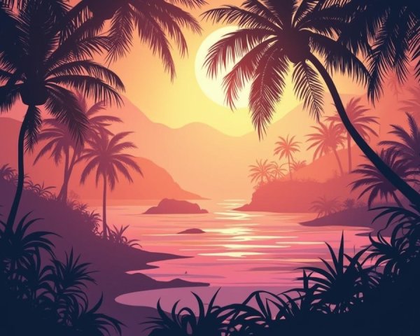 Tranquil Tropical Sunset with Silhouetted Palm Trees