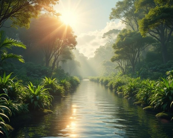 Tranquil Forest Scene at Sunrise with River and Mist