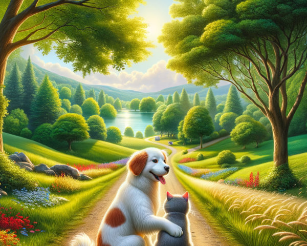 Cheerful Dog and Cozy Cat in Serene Landscape