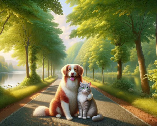 Cheerful Dog and Cat in Serene Forest Setting