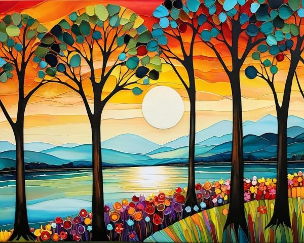Vibrant Sunset Over Serene Lake and Colorful Flowers