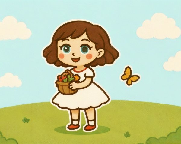 Cheerful Girl in Green Field with Colorful Fruits