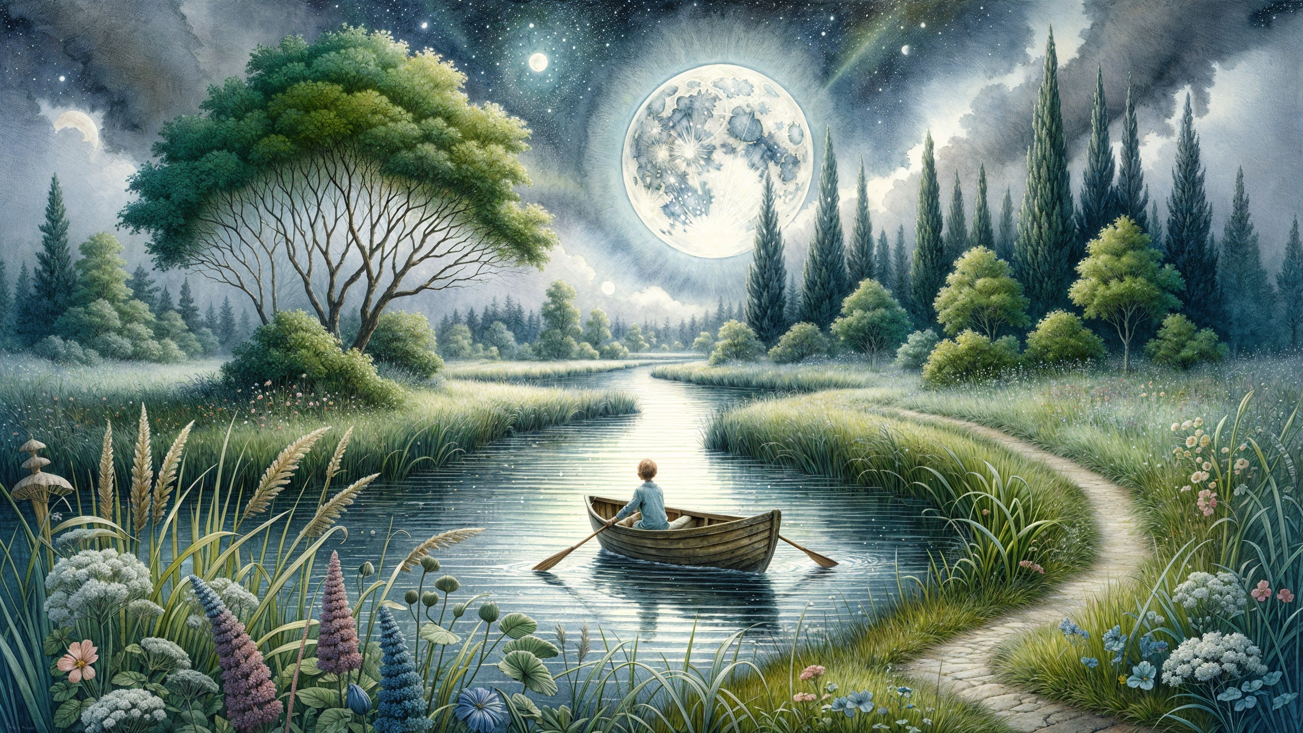 Young boy in boat on tranquil river under full moon