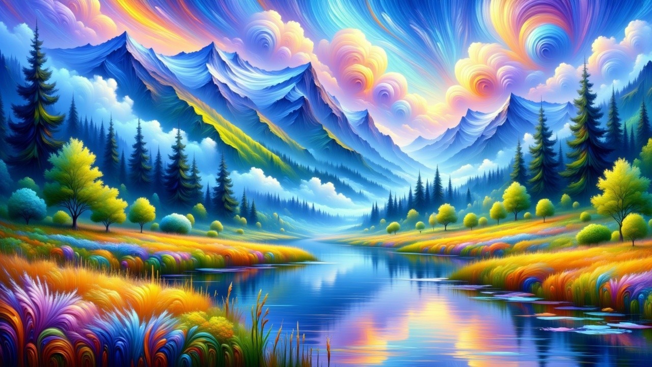 Vibrant Landscape with Majestic Mountains and River