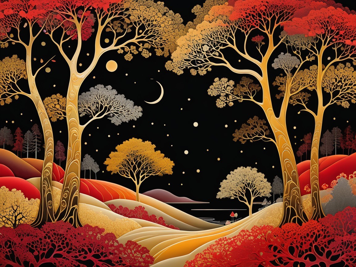 Vibrant Landscape with Stylized Trees and Waterway