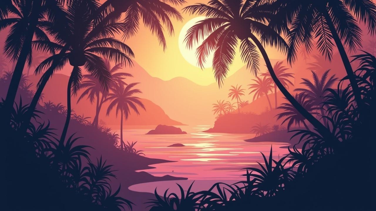 Tranquil Tropical Sunset with Silhouetted Palm Trees