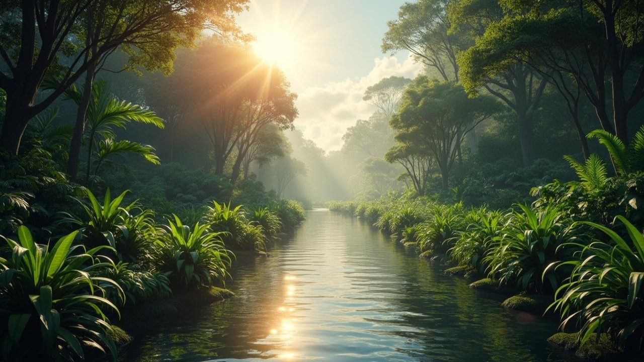 Tranquil Forest Scene at Sunrise with River and Mist