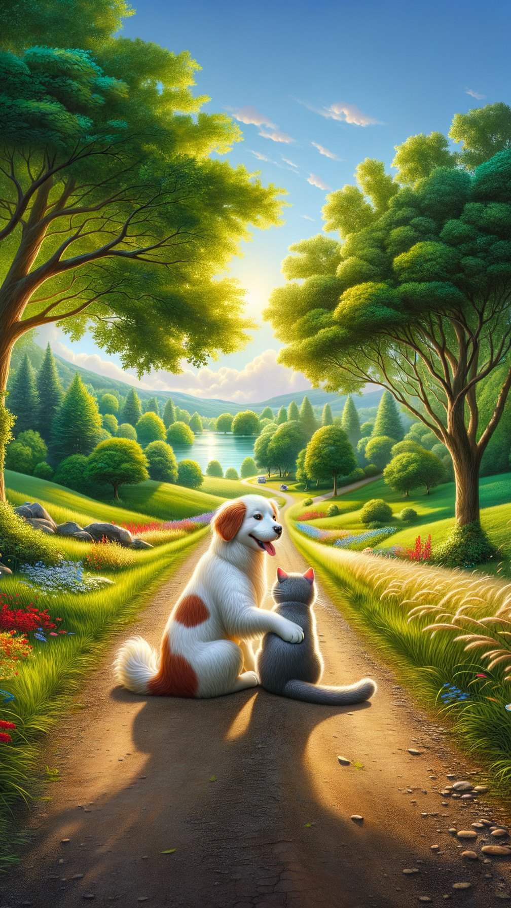 Cheerful Dog and Cozy Cat in Serene Landscape