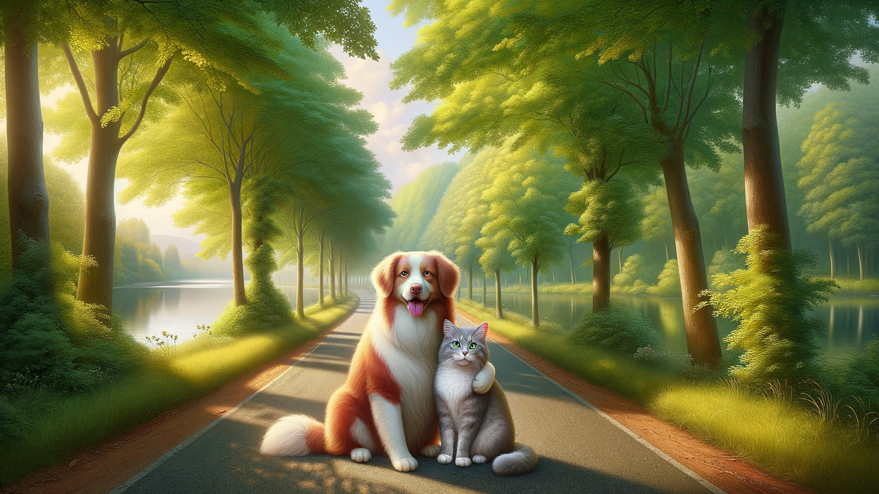 Cheerful Dog and Cat in Serene Forest Setting