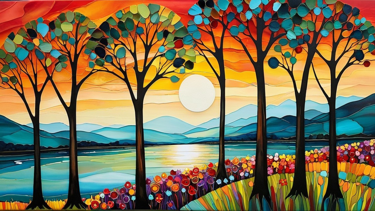 Vibrant Sunset Over Serene Lake and Colorful Flowers