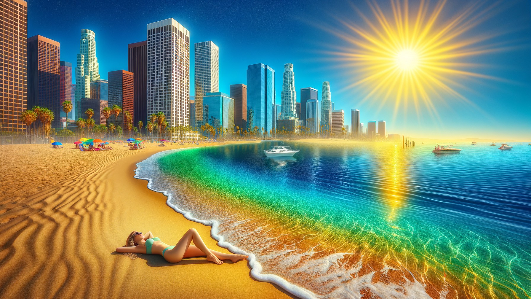 Beach Scene with City Skyline and Vibrant Colors