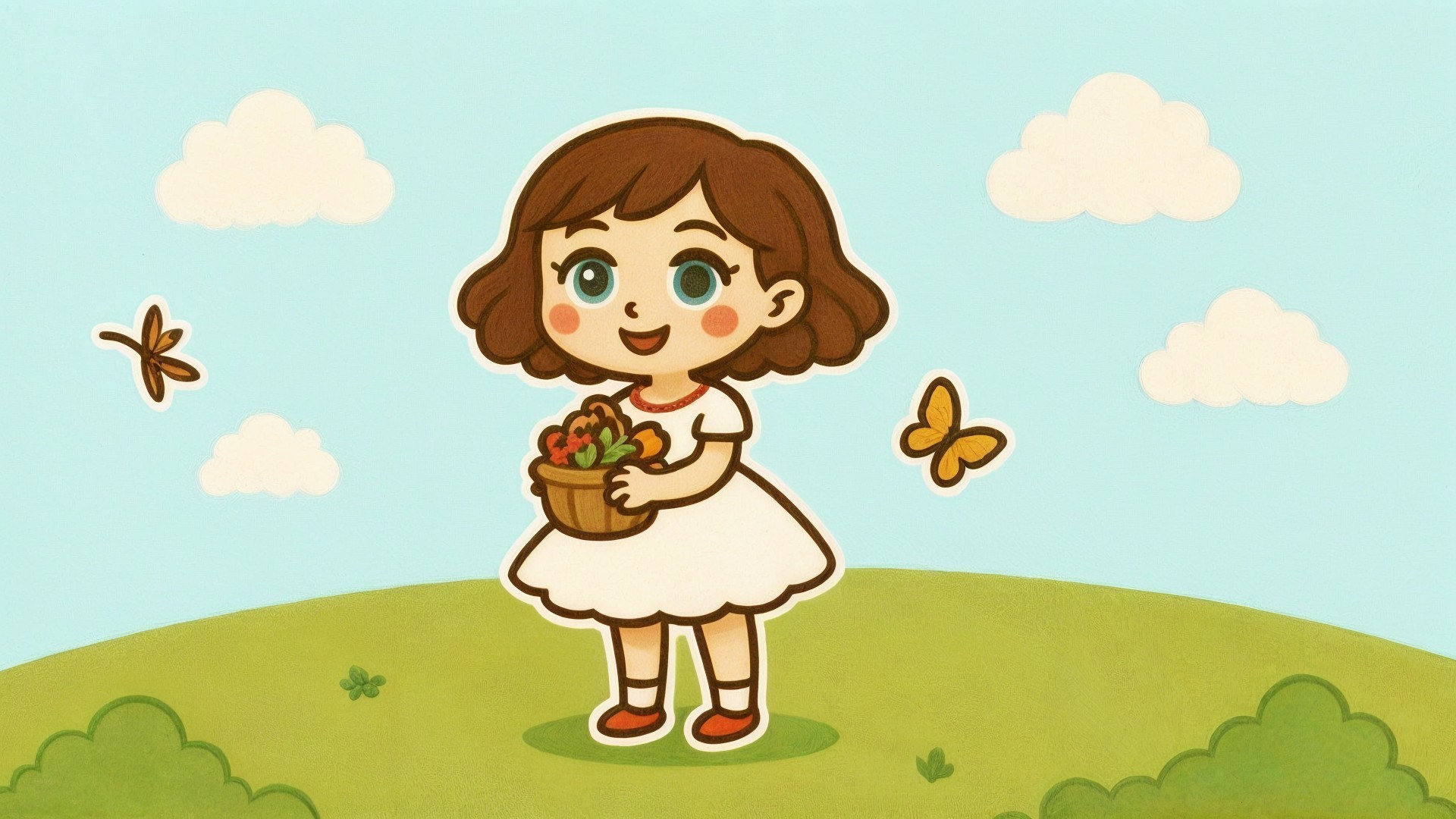Cheerful Girl in Green Field with Colorful Fruits