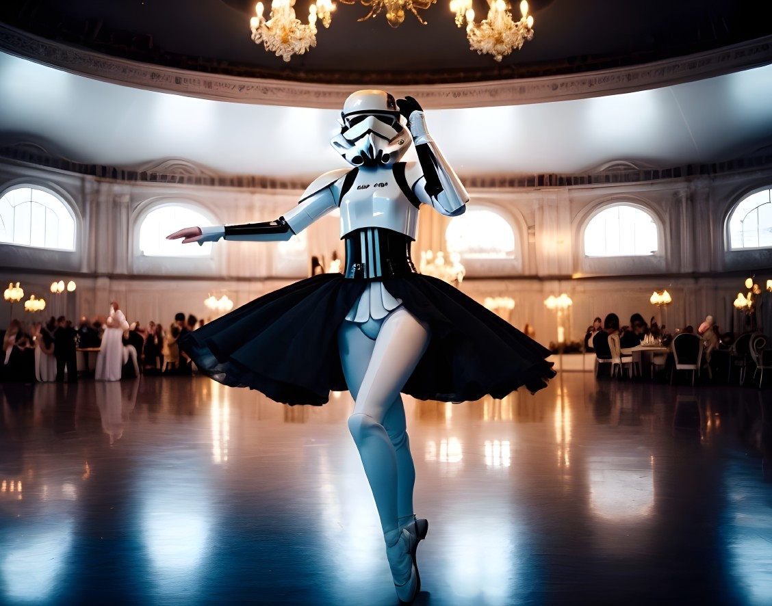 Person in Stormtrooper Helmet and Black Tutu Ballet Poses in Elegant Ballroom