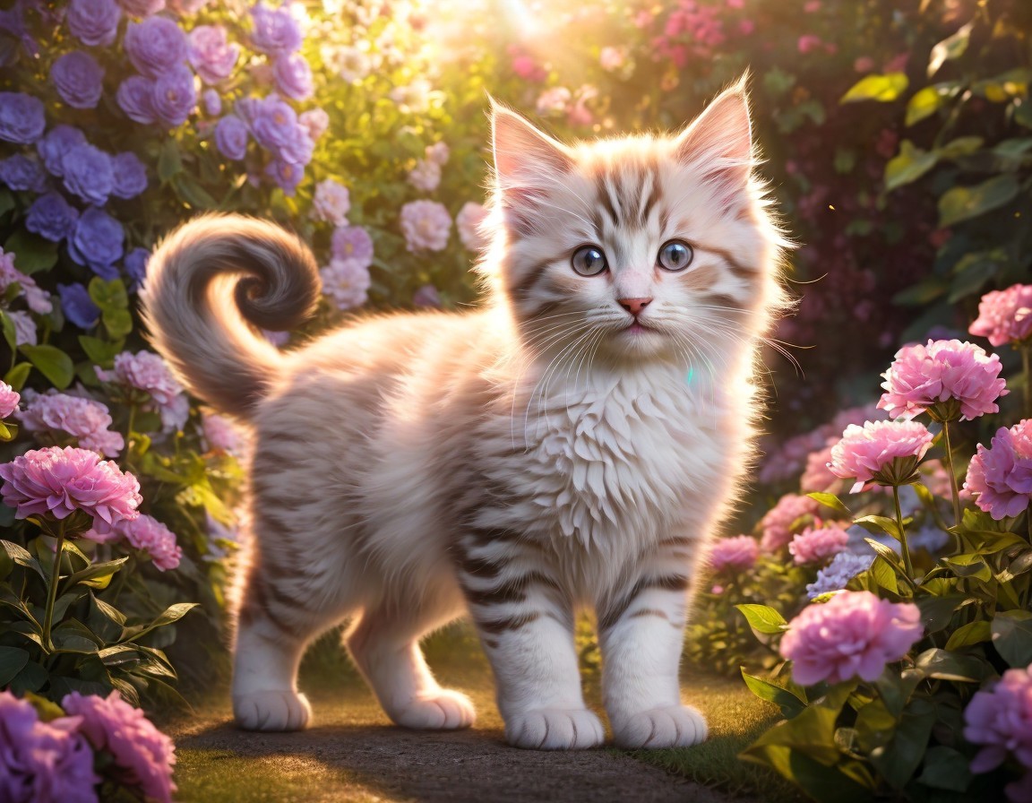 Fluffy kitten with striking eyes among pink hydrangea flowers