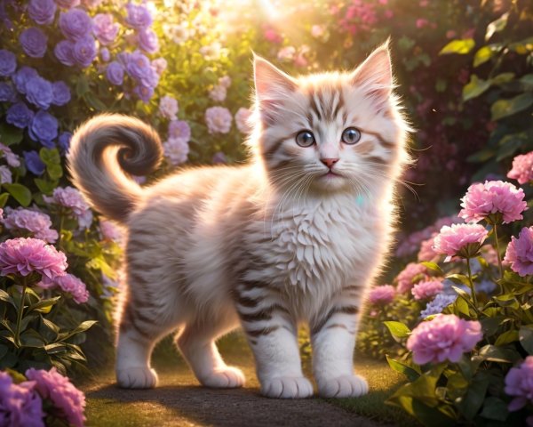 Fluffy kitten with striking eyes among pink hydrangea flowers