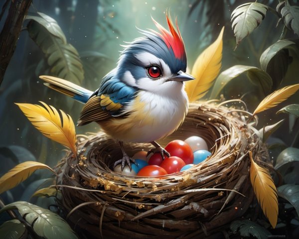 Colorful bird with red crest and blue feathers guarding eggs in nest amidst greenery