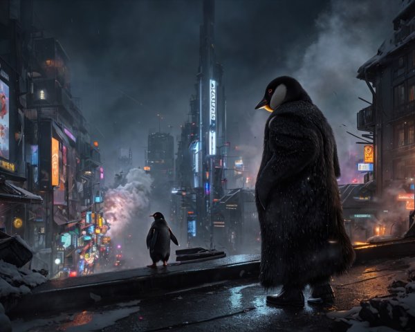 Giant penguin in futuristic cityscape with smaller penguin on snowy street at night