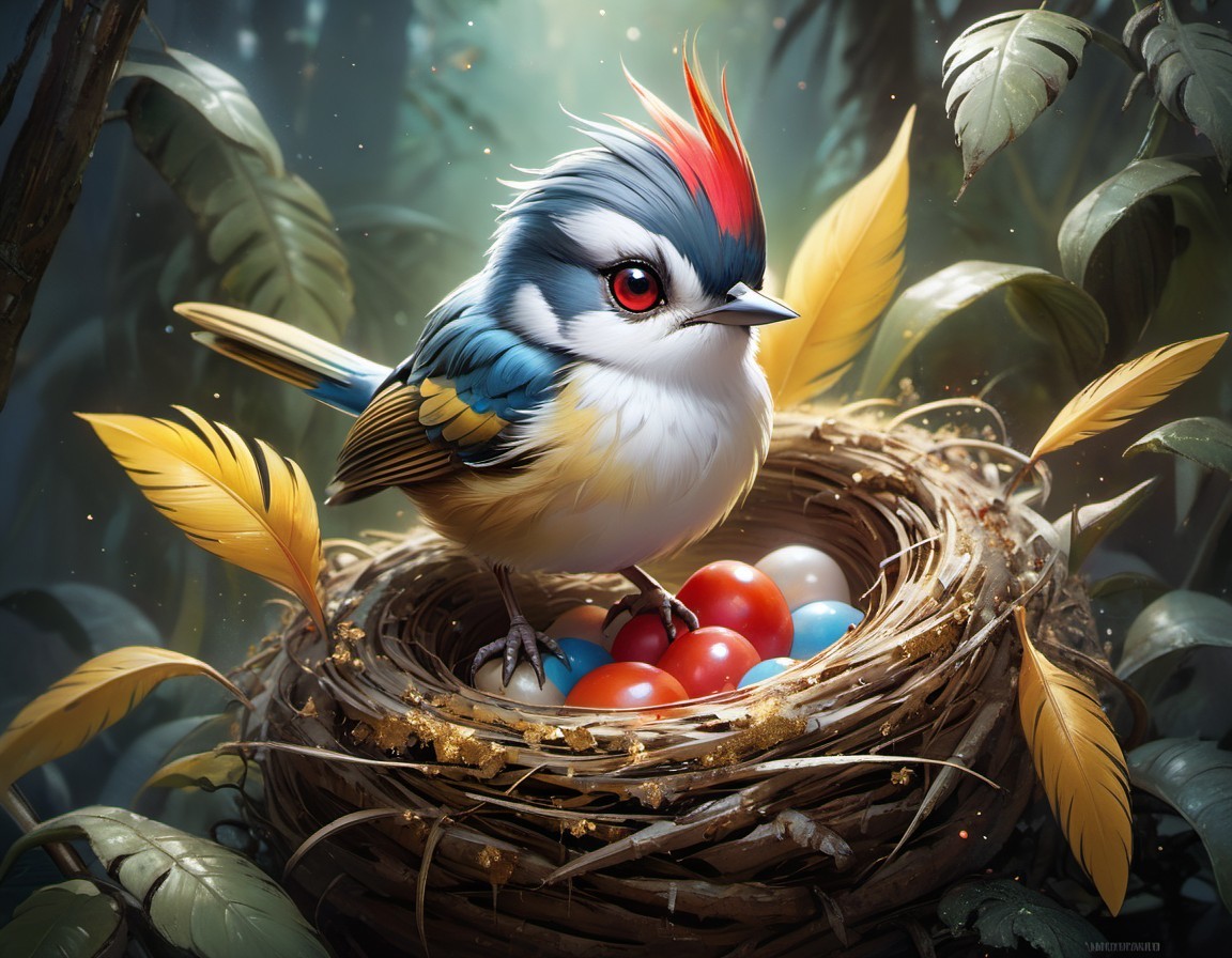 Colorful bird with red crest and blue feathers guarding eggs in nest amidst greenery
