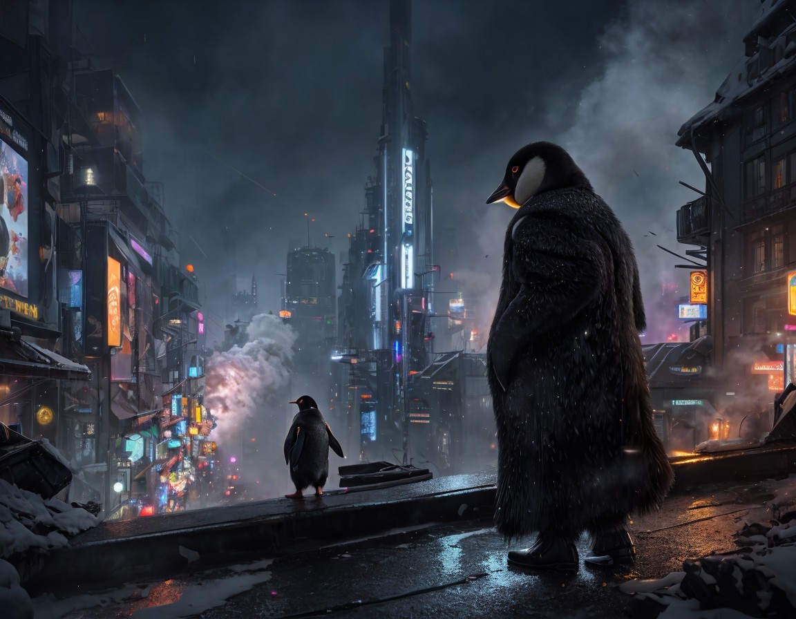 Giant penguin in futuristic cityscape with smaller penguin on snowy street at night