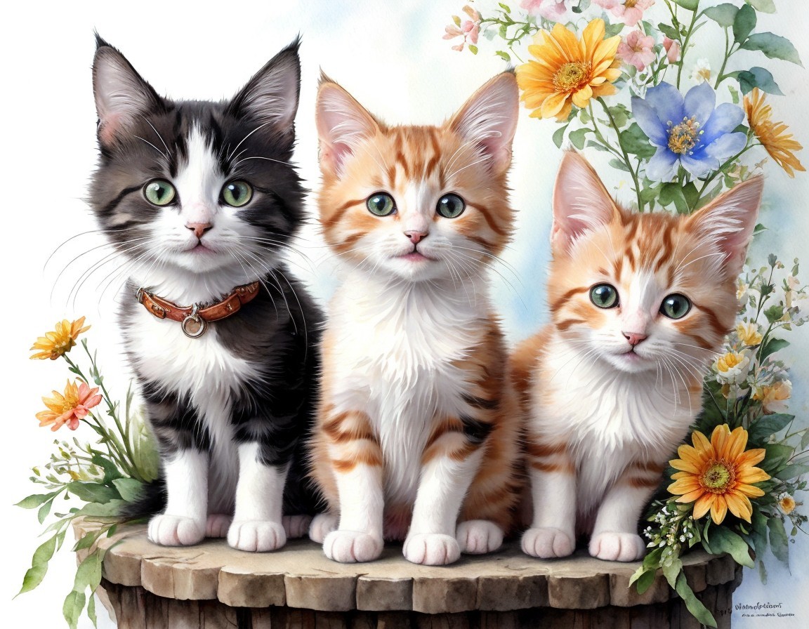 Three Kittens Sitting Among Colorful Flowers