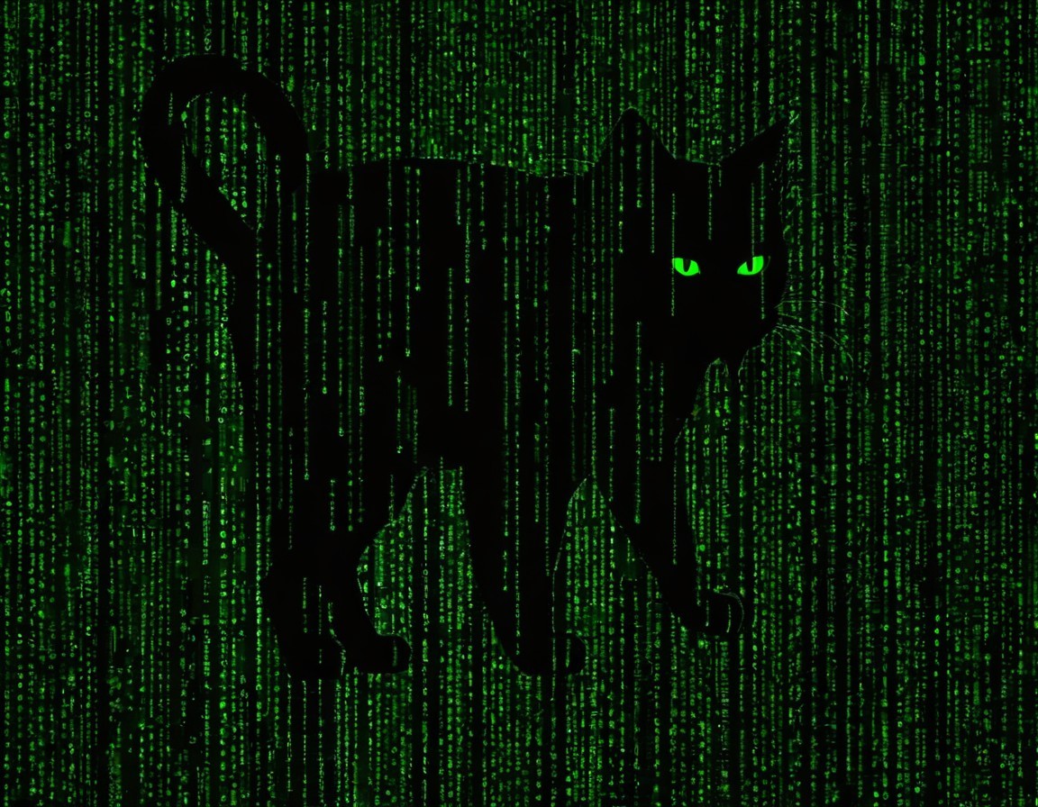 Cat silhouette with glowing green eyes in matrix-style digital rain