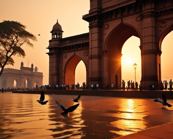 India Gate Sunset: Silhouetted Figures, Flying Birds, Golden Sky