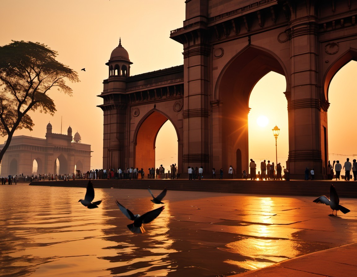 India Gate Sunset: Silhouetted Figures, Flying Birds, Golden Sky