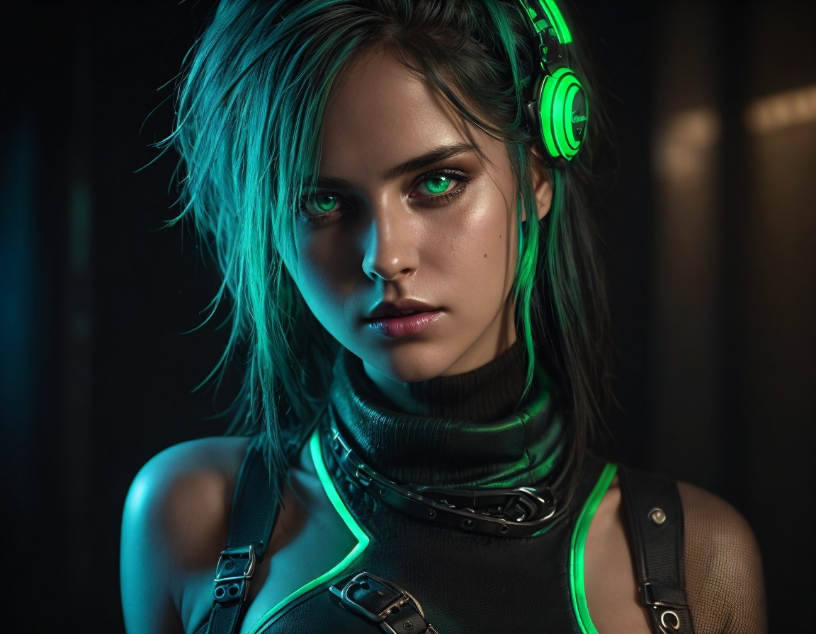 Woman with Green Eyes in Futuristic Attire and Neon Headphones