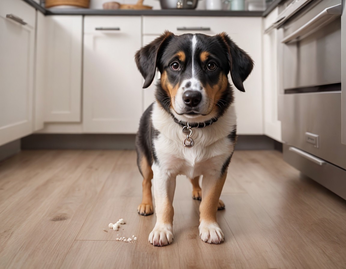 Black and Brown Dog in Kitchen with Spilled Food