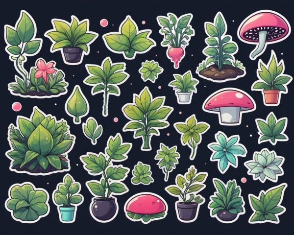 Assorted plants and mushrooms cartoon stickers on dark background