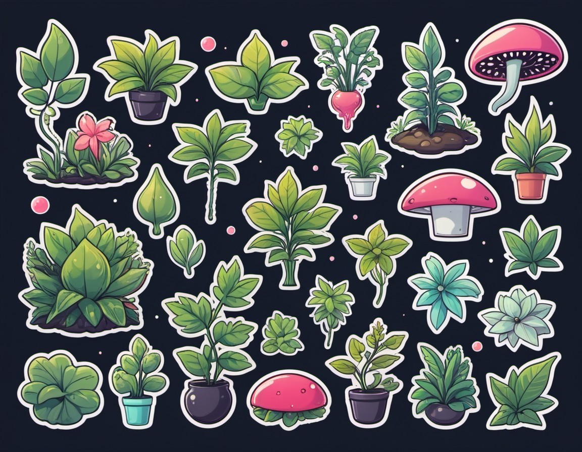 Assorted plants and mushrooms cartoon stickers on dark background