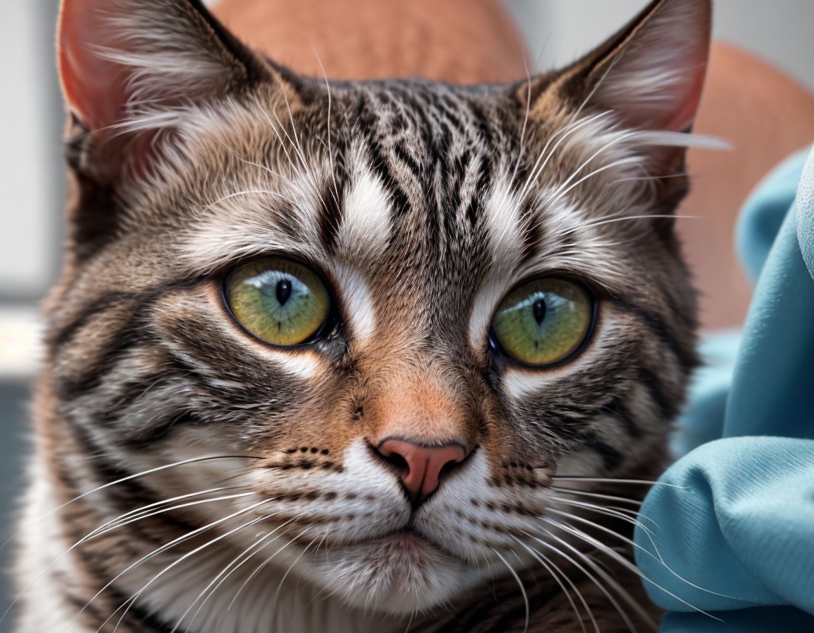 Tabby Cat with Green Eyes and Facial Stripes Held Gently